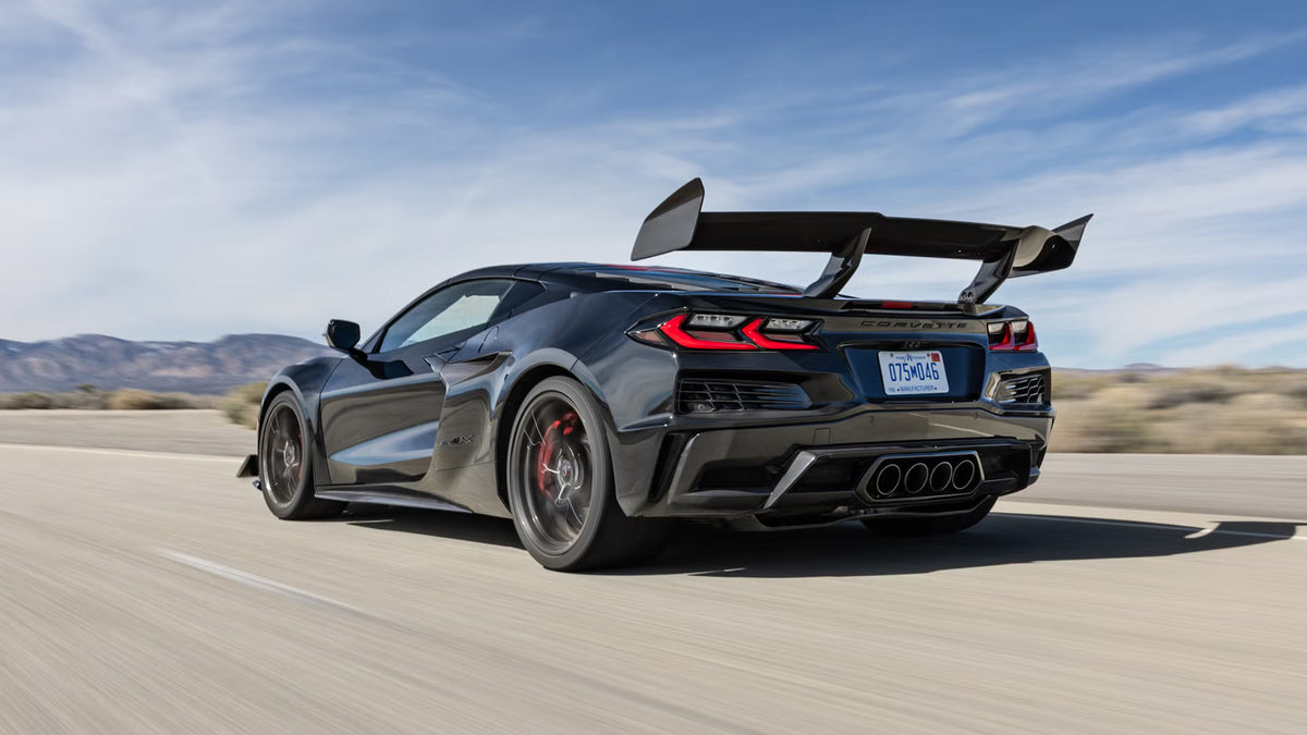 Chevrolet Corvette ZR1X rear view with carbon fiber wing and quad exhaust tips