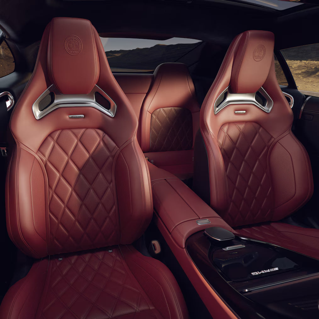 Red leather performance car interior with sport seats
